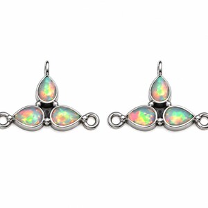 May include: Two silver-toned jewelry connectors, each featuring three pear-shaped iridescent opals arranged in a triangular cluster. Each piece includes a small circular loop at the top and two additional loops on the sides for attachment purposes.