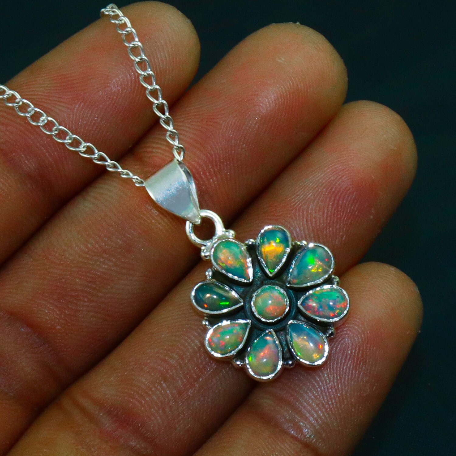 Collana Con Ciondolo A Fiore In Argento 925 E Opale Di Fuoco Rosa – Gioiello Bijou - Foto 2