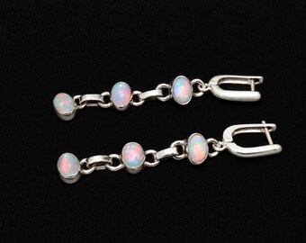 Pendientes de plata de ley con ópalo de fuego etíope: diseño de cabujón colgante