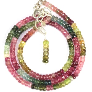 Sterling Silver Watermelon Tourmaline Beaded Necklace (3mm)