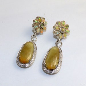 Ethiopian Opal Sapphire Earrings: Sterling Silver Floral Studs