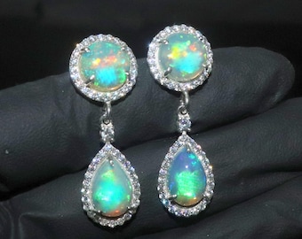 Ethiopian Opal Sterling Silver Dangle Earrings: Round & Pear Cabochon studs