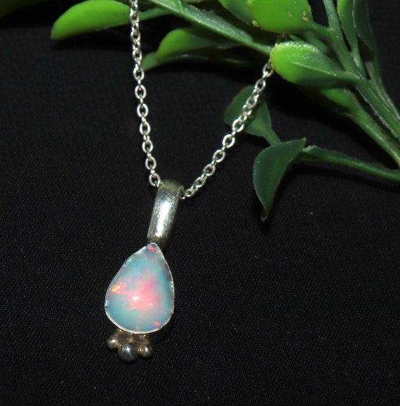 Collier Argent 925 Avec Opale Éthiopienne Naturelle 9x6 Mm - Pierre De Guérison, Chaîne 45 Cm, Cadeau Spirituel