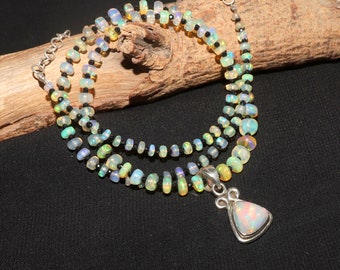 Sterling Silver Ethiopian Fire Opal Beaded Necklace - Trillion Pendant