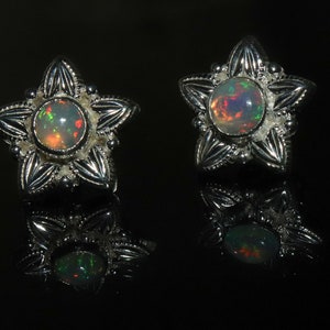 Ethiopian Opal Stud Earrings: 925 Sterling Silver Floral Design
