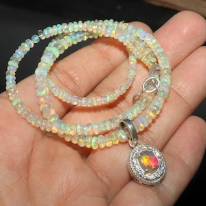 Natural Ethiopian opal pendant - fire opal necklace with sterling silver - opal delicate necklace - beautiful silver pendant - gift for her