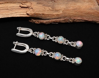 Ethiopian Opal Sterling Silver Dangle Earrings: Fire Opal, 55mm Long