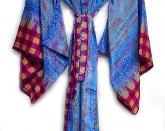 Long silk kimono, Boho Lounge Dress, Dressing gown, Vintage Kimono with Belt, Christmas Gift, Gifts for Her