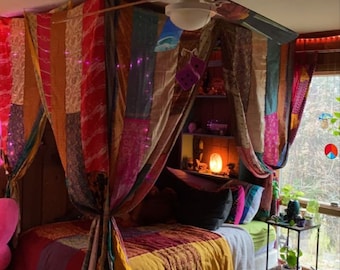 Canopy queen /king/twin IN Curtains Bohemian Hippie Boho Decor India Fabric silk sari saree made to order queen Assorted curtains