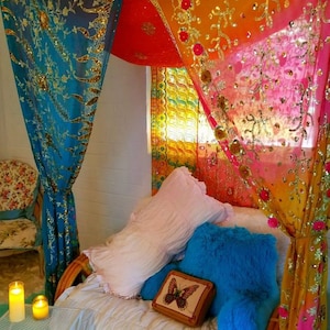 Indian canopy, &quot;boho princess&quot; ,bed canopy , bohemian wedding decor , Indian saree baldachin , hippie decor, meditation room, glamping tent