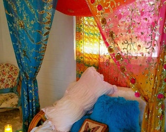 Indian canopy, "boho princess" ,bed canopy , bohemian wedding decor , Indian saree baldachin , hippie decor, meditation room, glamping tent