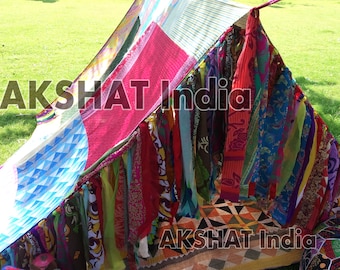 Indische Vintage alte Seide Sari recycelt mehrfarbige Handarbeit Patchwork Witchy Zigeunerin Boho Zelt Hippie Patchwork Glamping Dekor Boho