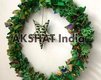 Vintage sari Wreath with star , handmade Wreath,recycle sari Wreath for Front Door, Spring Wreath, Seasonal Wreath,  Wreath for Front Door
