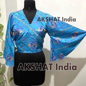 Indian Vintage Seide Krawatte Top, Wrap Top, Frauen Bell Sleeve Front Tie Muster Seide Top Frauen Bluse