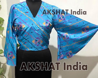 Indian Vintage Silk Tie Top, Wrap Top, Women Bell Sleeve Front Tie Pattern Silk Top Women Blouse