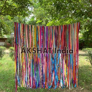 Indian Vintage Old Silk Sari Fabric Made Multi color Silk Ribbon Curtain Door Window Decor Upcycled Curtain Home Door Window Curtain