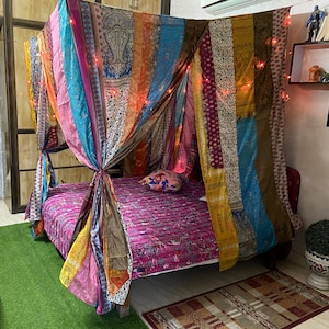 Canopy queen /king/twin IN Cortinas Boho Hippie Boho Decor India Tela seda sari saree hecho a pedido reina Cortinas variadas