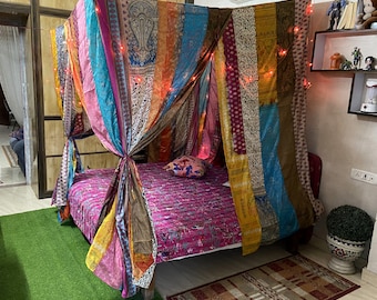 Baldachin Königin / König / Zwillinge IN Vorhänge Boho Hippie Boho Dekor Indien Stoff Sari Seide Sari auf Bestellung Königin Assorted Vorhänge