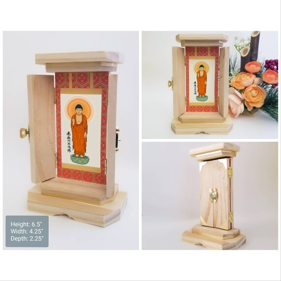 Mini Amida Nembutsu Butsudan. Pure Land Shin Buddhism. Jodo Shu Shinshu. Amitabha Buddha Nyorai. Namu Amida Butsu, altar shrine, Omamori