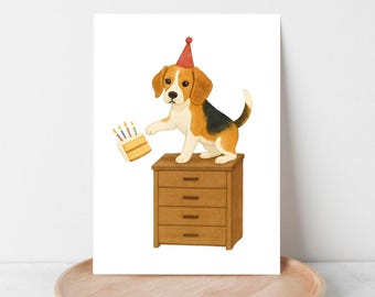 Funny Beagle Birthday Card, Puppy Cake Disaster (Digital Download)