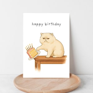 May include: A birthday card featuring a cartoon illustration of a cream-coloured cat with a grumpy expression, pushing a cake off a table. The words "happy birthday" are printed at the top.