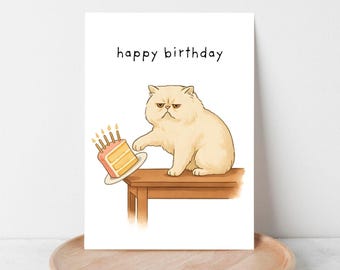 Funny Persian Cat Birthday Card: Grumpy Cat Knocks Cake (Printable PDF
