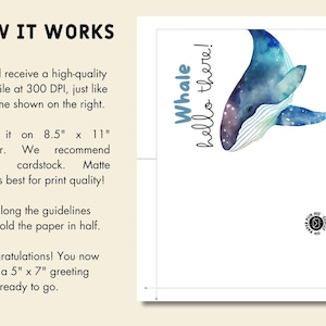 Peut inclure: Carte de v&oelig;ux avec une baleine aquarelle bleue et violette. Le texte "Whale hello there!" est &eacute;crit dans une police ludique. La carte est con&ccedil;ue pour &ecirc;tre imprim&eacute;e sur du papier de format A4 et pli&eacute;e en une carte de 12,7 cm x 17,8 cm.
