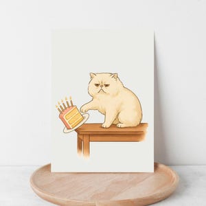 Cartão de aniversário fofo e engraçado para amantes de gatos Bolo persa Knocks Presente de namorado para namorada ou esposa Download digital PDF para impressão