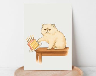 Funny Persian Cat Birthday Card: Knocks Over Cake (Digital Download)