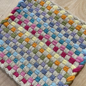 Rainbow bright and natural pot holder - Handwoven, loomed potholder or trivet - colorful boho style