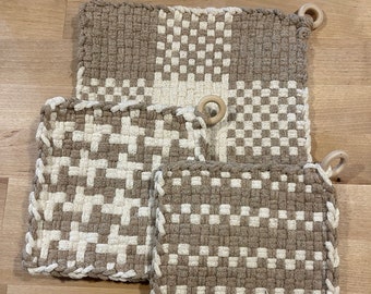 Set of 3 Handmade pot holders Natural colors - Handwoven, loomed potholders / trivets - natural, neutral colors - all cotton