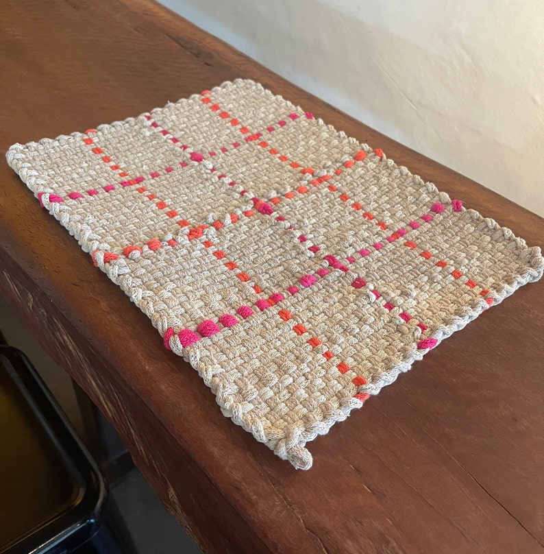 Handwoven Natural Flax Color Placemats With Pink and Orange Accents Handmade Loomed Placemat