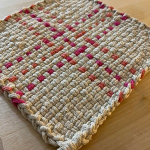 Large Natural color pot holder with pink and orange accents - Handwoven, loomed potholder or trivet - Handmade gift