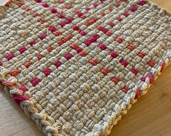 Large Natural color pot holder with pink and orange accents - Handwoven, loomed potholder or trivet - Handmade gift