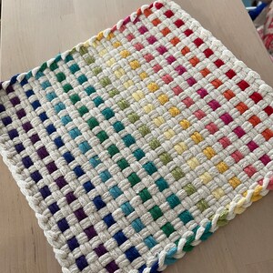 Large Rainbow spectrum Pot holder - Handwoven, Loomed Potholder or Trivet - Handmade Gift - Cotton Material