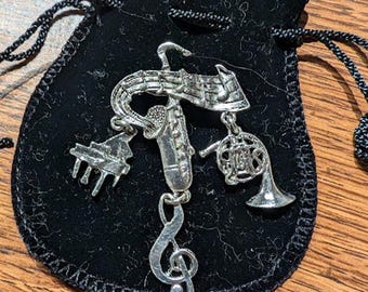 Vintage Silver Tone Dangling Musical Instruments Brooch Pin 2.5 inches long