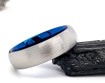 8mm Blue Tungsten Ring, Brushed Gunmetal Center Tungsten Ring, Blue Wedding Band, Blue Wedding Ring, Blue Gunmetal Ring
