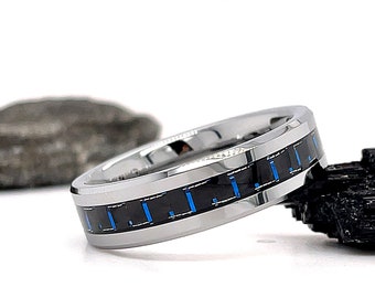 6mm Blue Carbon Tungsten Ring, Carbon Fiber Band, Tungsten Ring, Tungsten Band, Tungsten Wedding Band Carbon Fiber, Blue Carbon Fiber Ring