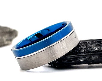 Brushed Blue Groove Ring, 8mm Blue Tungsten Ring, Off-Center Groove Ring, Tungsten Wedding Ring, Brushed Groove Ring, Tungsten Wedding Band