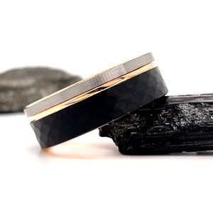 Black Faceted Rose Gold Groove Ring, 8mm Black Rose Gold Tungsten Ring, Groove Ring, Tungsten Wedding Ring, Brushed Groove Ring