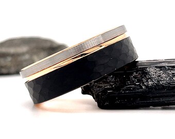 Black Faceted Rose Gold Groove Ring, 8mm Black Rose Gold Tungsten Ring, Groove Ring, Tungsten Wedding Ring, Brushed Groove Ring