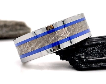 8mm Blue Hammered Tungsten Ring, Blue Groove Tungsten Ring, Blue Tungsten Ring Blue Wedding Ring Silver Tungsten Ring Wedding Band