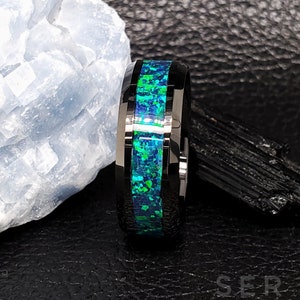 Black Opal Tungsten Ring Tungsten Wedding Ring Black Wedding Ring Tungsten Wedding Band Opal Wedding Band Opal Wedding Ring Black Opal Band