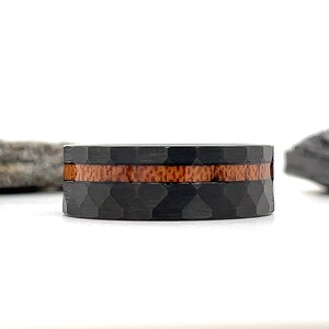Black Tungsten with Wood Inlay, 8mm Black Brushed Faceted Tungsten Ring, Hawaiian Koa Wood Inlay, Black Hammered Ring