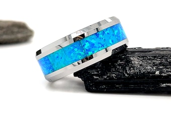 Blue Opal Tungsten Ring, 8mm Tungsten Wedding Ring, Silver Wedding Ring Tungsten Wedding Band Blue Opal Wedding Band Opal Wedding Ring