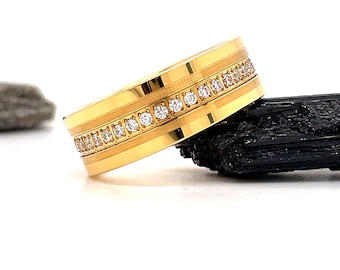Gold Brushed Diamond Tungsten Eternity Band 8mm, Gold Tungsten Eternity Wedding Band, Step Edge Stripe Band
