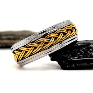 Gold Braided Rope Inlay Tungsten Ring, 8mm Silver Tungsten Ring, Tungsten Wedding Ring, Braided Wedding Band Silver Tungsten Band, Gold Ring