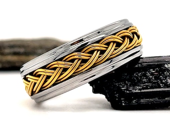 Gold Braided Rope Inlay Tungsten Ring, 8mm Silver Tungsten Ring, Tungsten Wedding Ring, Braided Wedding Band Silver Tungsten Band, Gold Ring