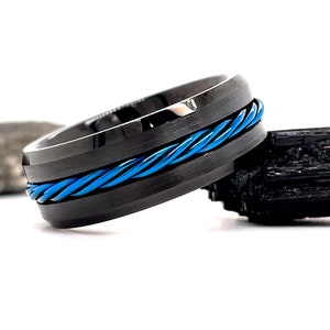 Black Blue Braid Tungsten Ring, 8mm Tungsten Ring, Black Tungsten Ring, Tungsten Wedding Ring, Rope Inlay Ring, Tungsten Wedding Band