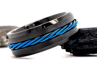 Black Blue Braid Tungsten Ring, 8mm Tungsten Ring, Black Tungsten Ring, Tungsten Wedding Ring, Rope Inlay Ring, Tungsten Wedding Band